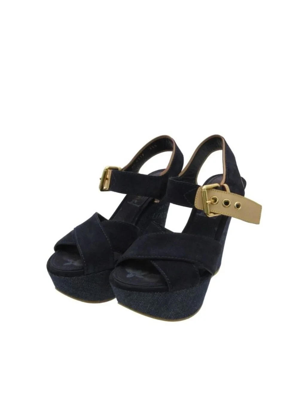 Louis Vuitton Sandals Monogram Wedge Sole Denim Suede Cross Strap Belt Shoes